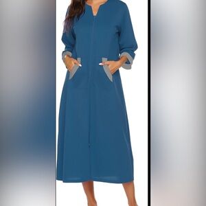 EKOUAER midi length zip up robe with kangaroo pocket, gray trim
